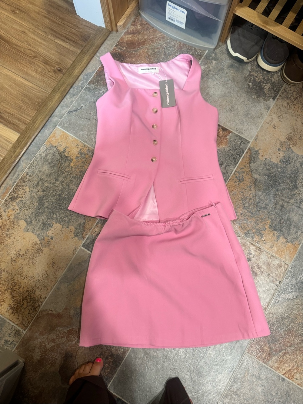 Missguided Pink Sleeveless Tailorede Jacket & Mini Skirt Set